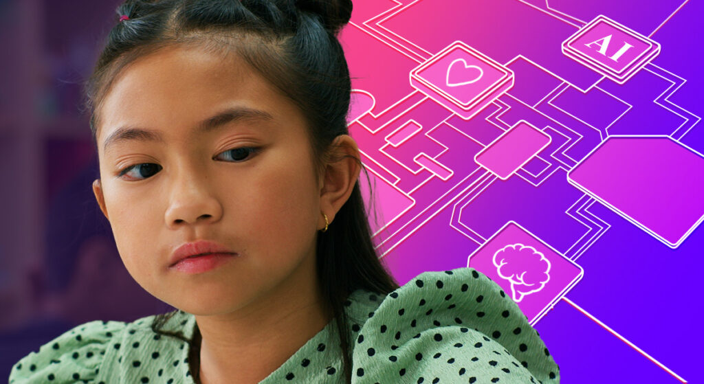 Young student reflecting alongside AI and brain icons, representing the future of social emotional learning in an AI-driven world