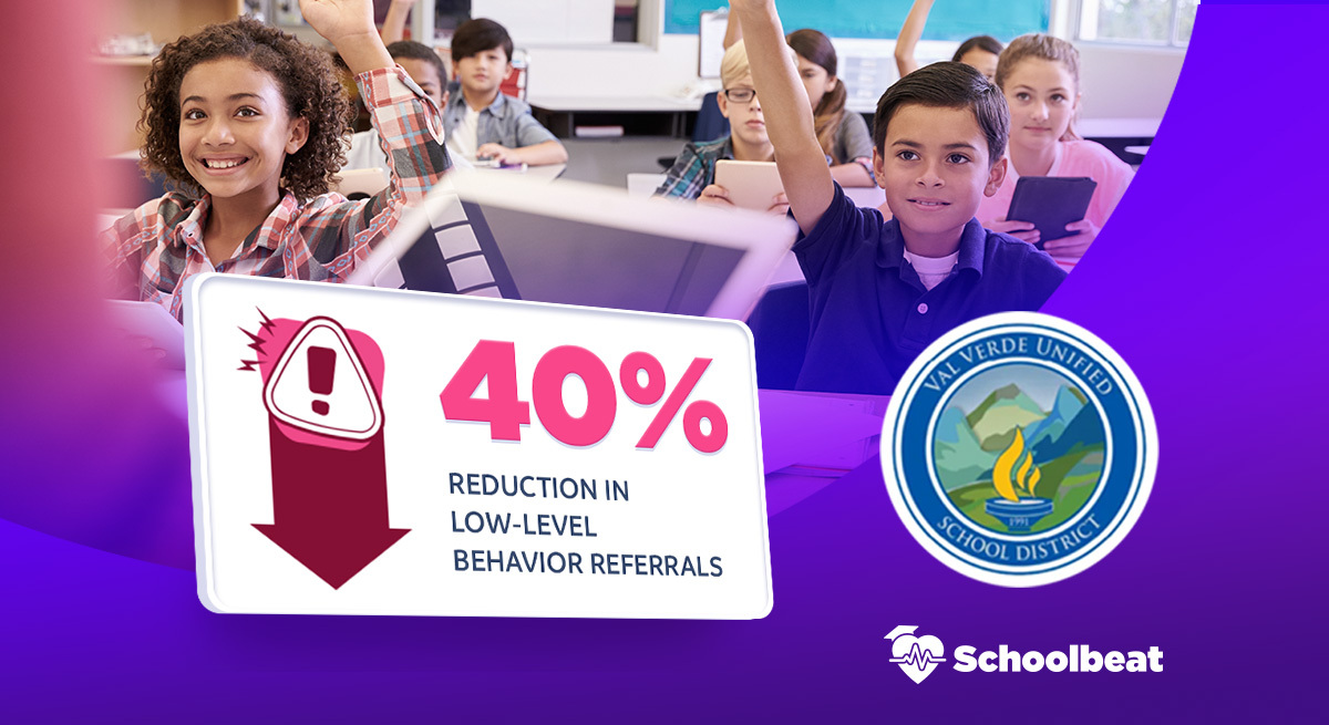 Students engaged in classroom learning with Schoolbeat case study showing a 40% reduction in low-level behavior referrals at Val Verde Unified School District.